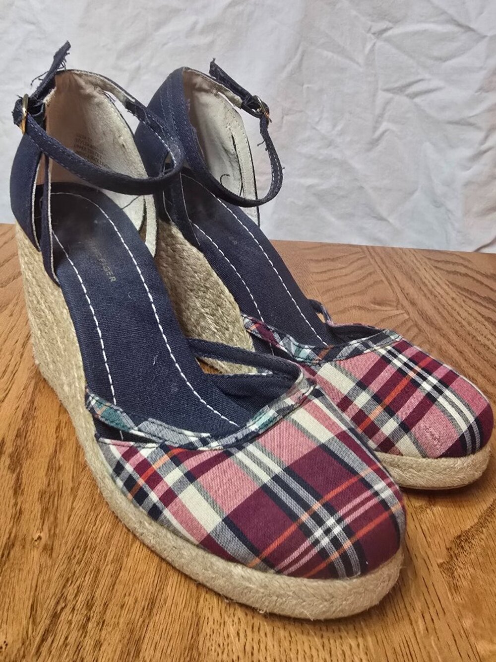 Tommy Hilfiger Wedge Bermuda Patriotic Plaid Shoe Ankle Strap Women Size 7.5